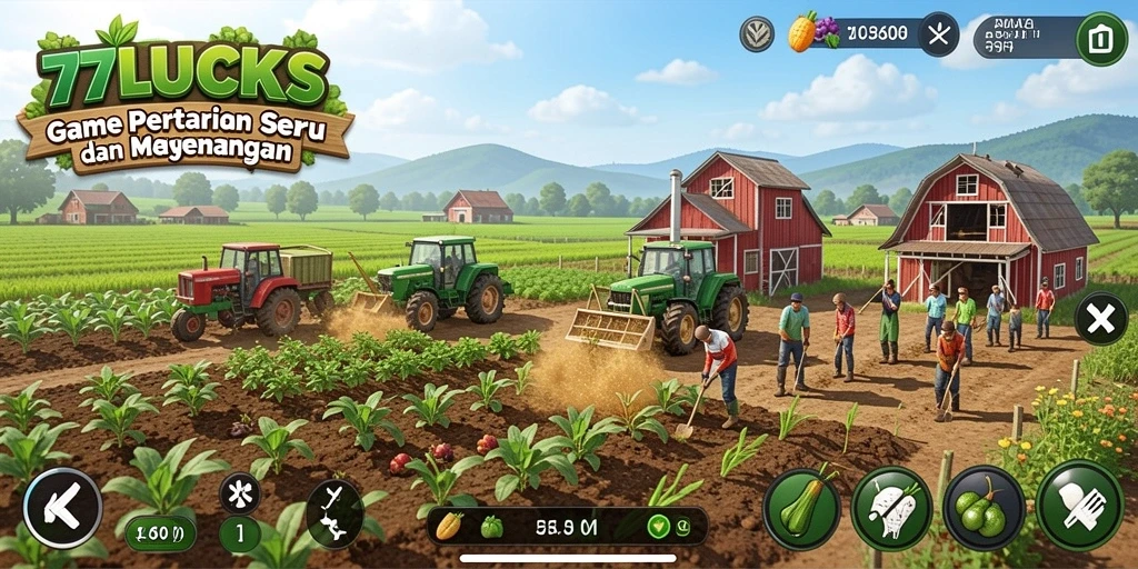 Screenshot gameplay <strong>77LUCKS</strong> menampilkan aktivitas seru di pertanian.