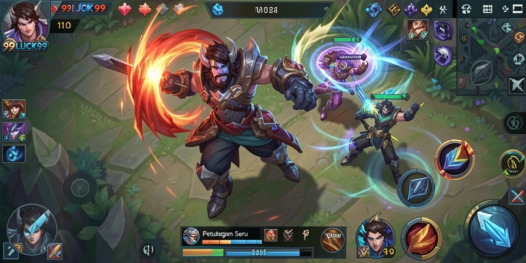 Screenshot utama 99LUCK99 menampilkan aksi seru di arena MOBA.