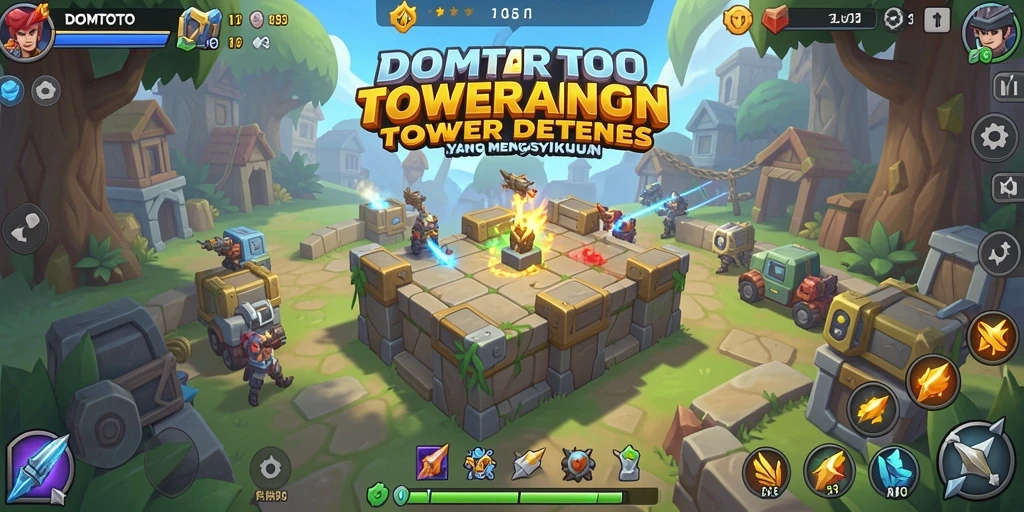 Screenshot gameplay DOMTOTO menampilkan menara dan musuh yang menegangkan.