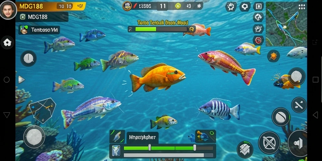 Screenshot utama MDG188 menampilkan keseruan dalam menangkap ikan.