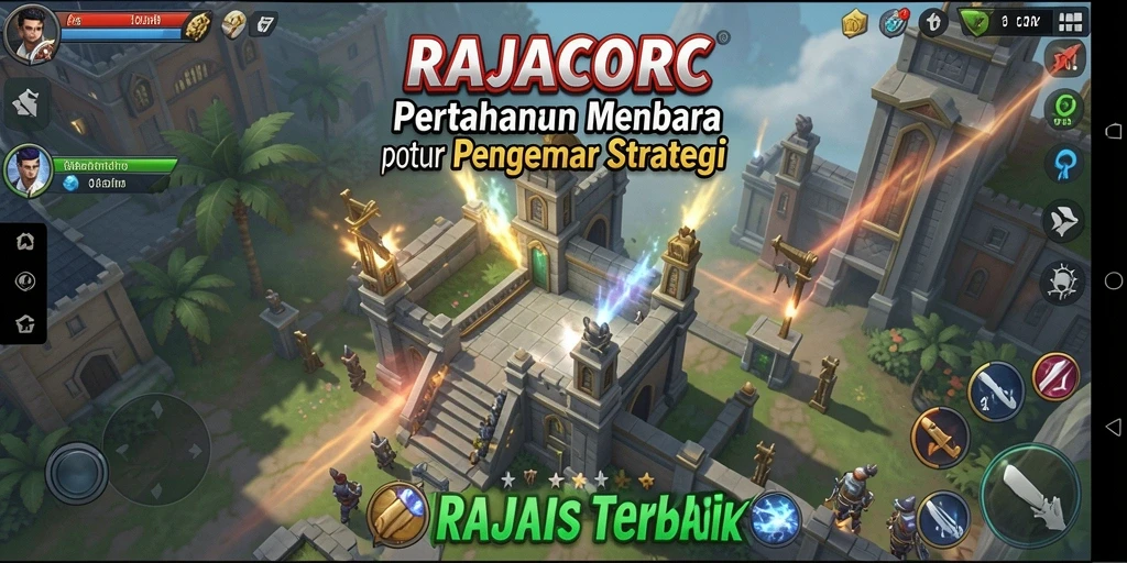 Screenshot RAJACORC menampilkan menara dan gelombang musuh yang mendebarkan.