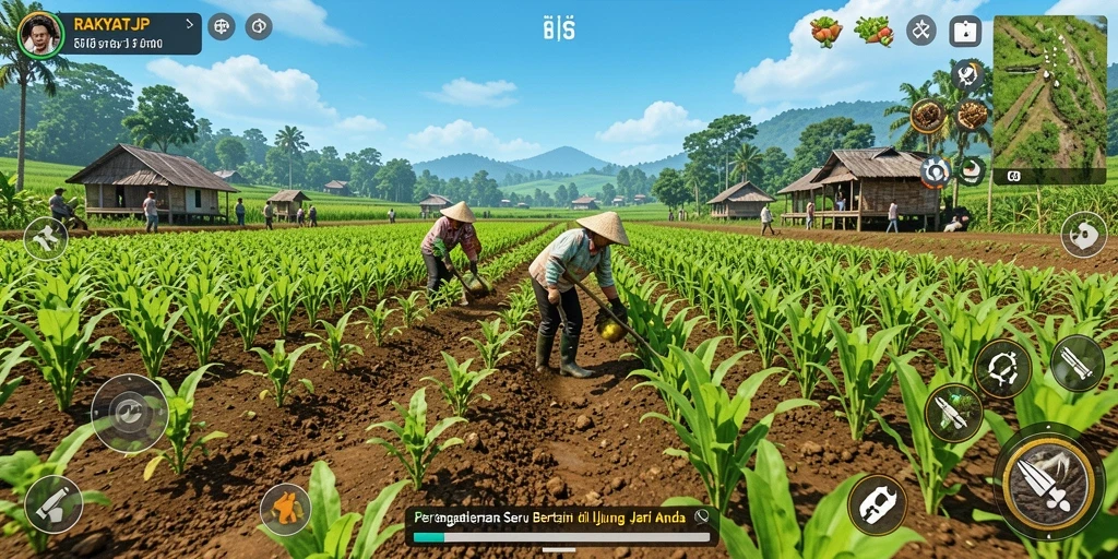 Gameplay RAKYATJP yang menampilkan aktivitas bertani yang menyenangkan.