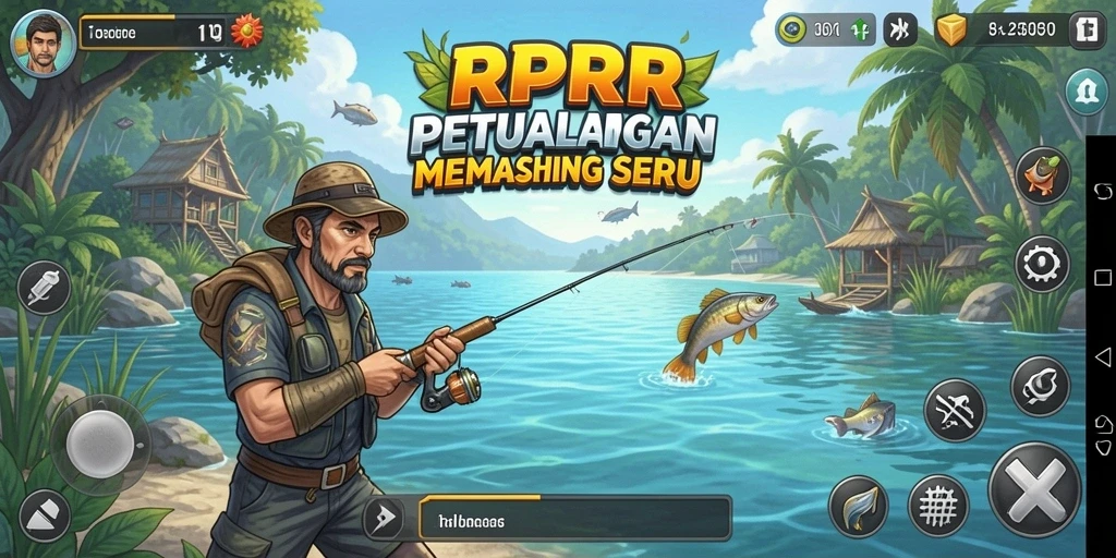 Screenshot gameplay RPRR yang menampilkan aksi memancing seru.