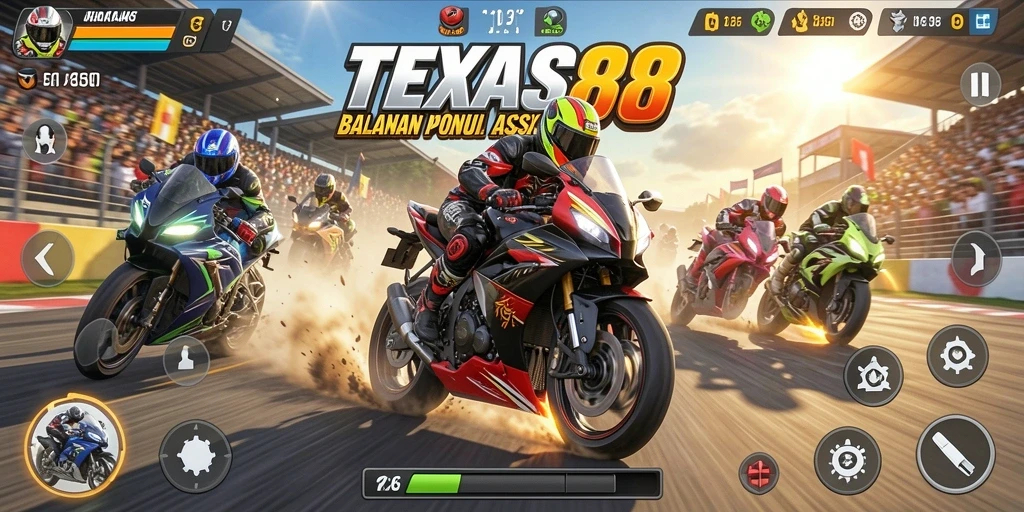 Screenshot utama TEXAS88 menampilkan aksi balapan motor yang mendebarkan.